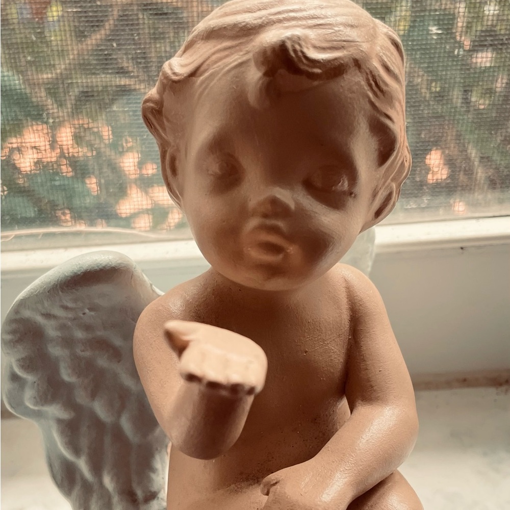 kiss from an angel will brighten your day-porcelain cherub-blue wings-Good luck